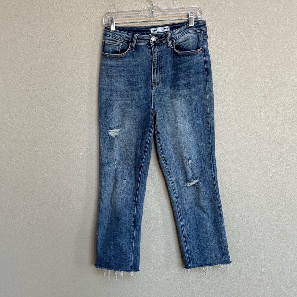 YMI Dream Distressed Straight Leg Jeans Women’s 14 Raw Hem Blue‎ Denim